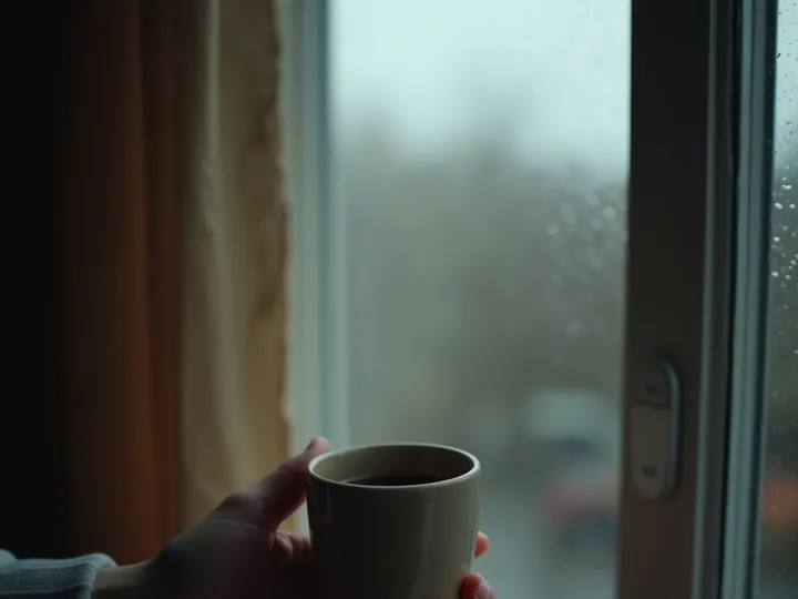 A hand holds a ceramic cup of coffee or tea.
