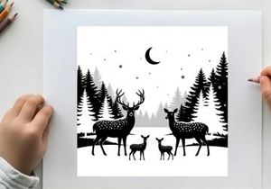 Deer family silhouette under moonlit night sky with pine trees