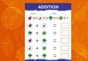 Addition with different fruits for kids. An educational worksheet for kids. Vector design