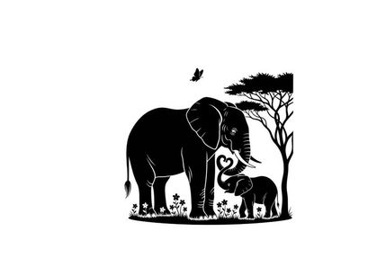 Elephant silhouette with baby and tree landscape