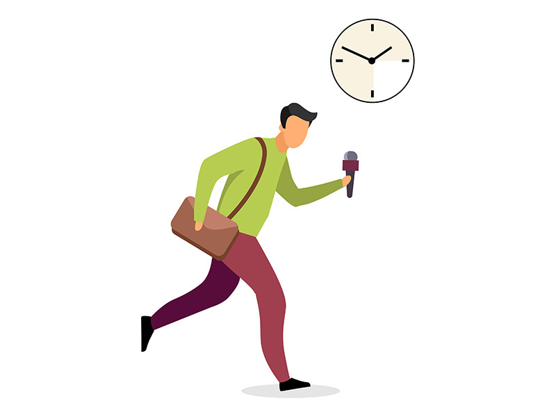 Reporter running with mic flat vector illustration