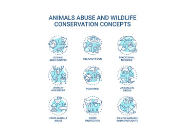 Animal abuse and wildlife conservation turquoise concept icons set preview picture