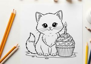 Cute white kitten with birthday cupcake vector illustration