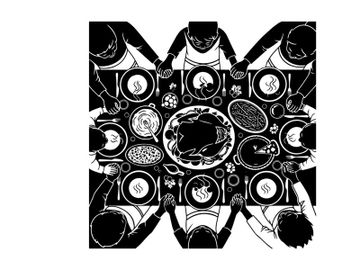 Silhouette of people gathered around a table with food in a symmetrical pattern preview picture