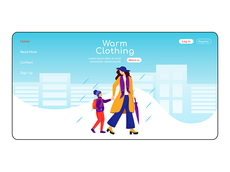 Warm clothing landing page flat color vector template