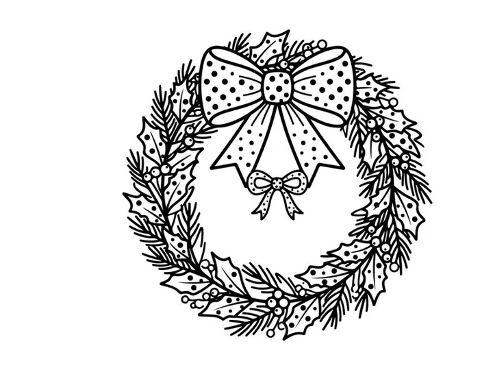 Christmas wreath line art illustration with a decorative bow and holly leaves