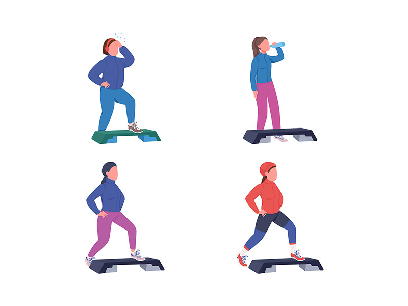 Exercising women flat color vector faceless character set
