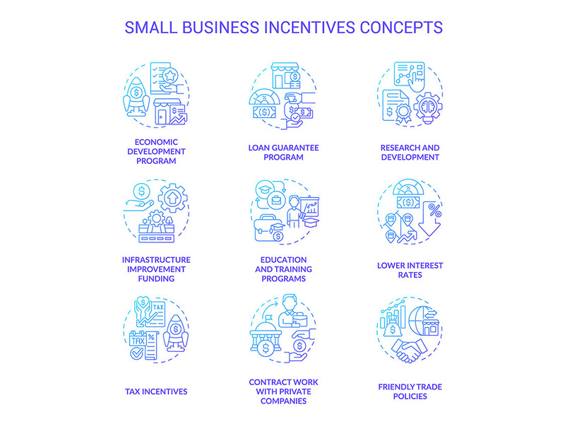 Small business incentives blue gradient concept icons set