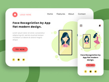 A Selfie Girl. Face Recognition by App flat modern design.