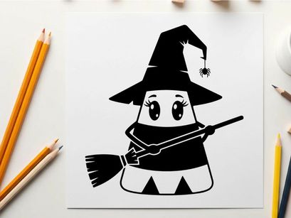 A cute cartoon ghost wearing a witch hat silhouette