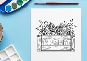 Hand-drawn Christmas niche with white poinsettia flowers and wooden frame for festive home decor