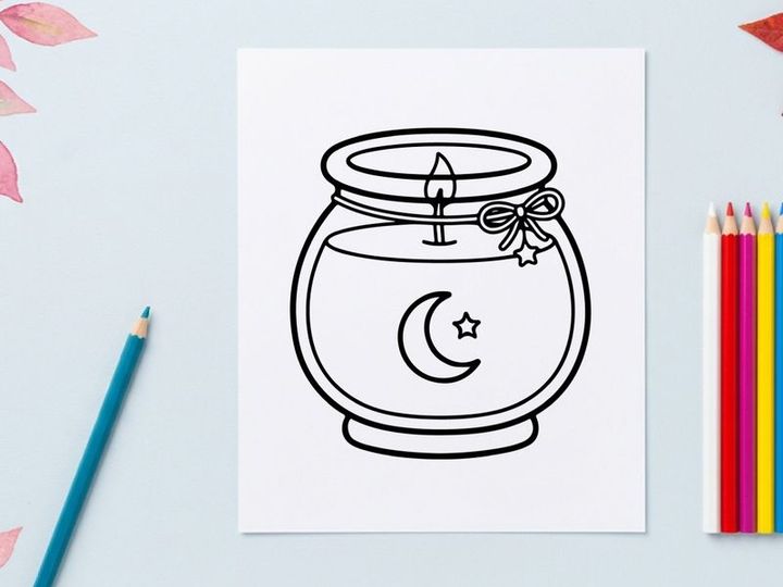 Cute candle line art drawing. Black and white illustration of a moon jar candle.