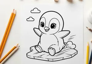 Cute baby penguin waving on ice vector illustration
