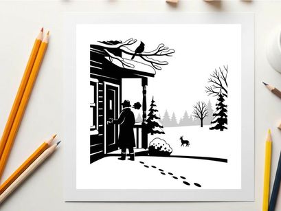 Winter scene silhouette of a woman and dog outside a cabin