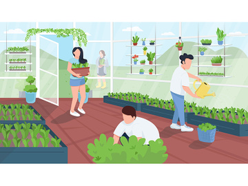 Gardeners in greenhouse flat color vector illustration preview picture