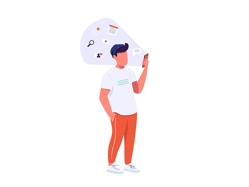 Guy with smartphone flat color vector faceless character