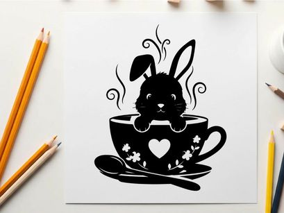 Silhouette of a bunny in a heart teacup silhouette
