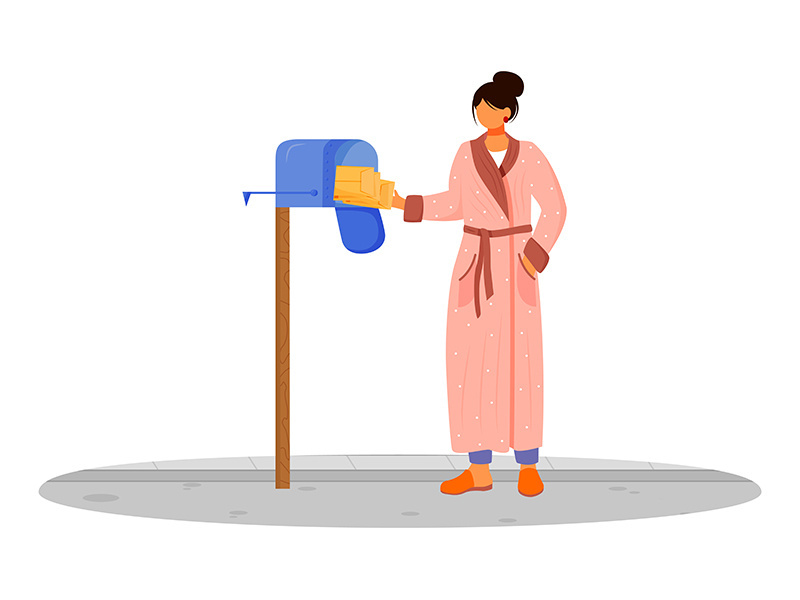 Woman in bathrobe receives post flat color vector illustration