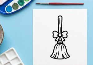 Icono de escoba de bruja con un lazo. Ilustración de escoba mágica de Halloween para diseño festivo.