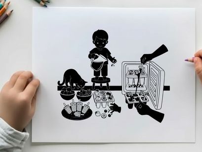 Silhouette of a child and dog near food and refrigerator