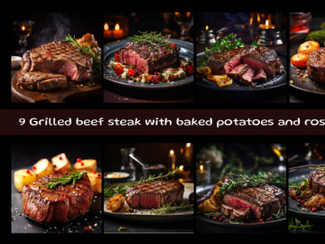 Grilled beef steak with baked potatoes and rosemary preview picture