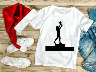 A triumphant athlete celebrating victory with a trophy on a podium