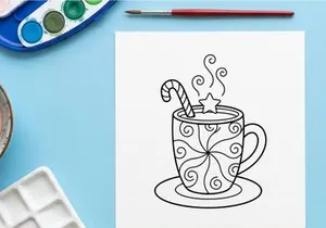 Hand-drawn steaming Christmas coffee mug with candy cane stirrer on festive saucer