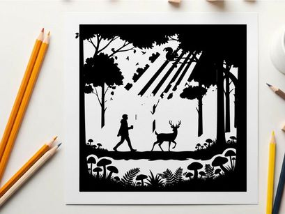 Silhouette of a man and deer in forest landscape