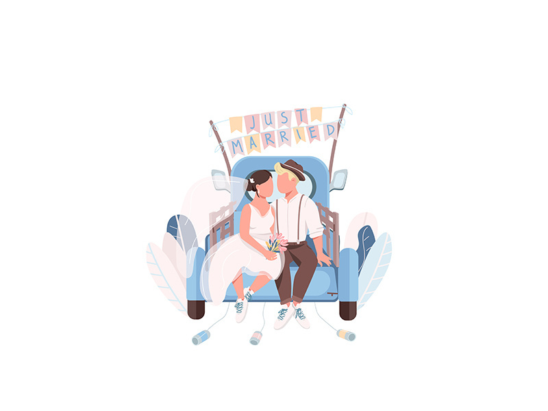 Just married couple in car flat color vector faceless characters