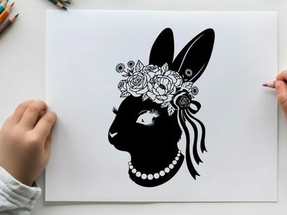 Silhouette of a rabbit wearing a floral headpiece and pearls