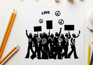 Peaceful protesters with signs and silhouette peace symbols