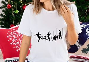 Black silhouettes of people playing volleyball in various positions and movements