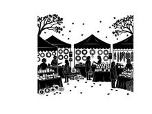 Silhouette of people at an outdoor market with tents and trees