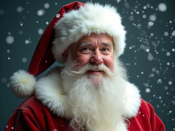 Santa Claus smiles warmly, holding a gift against a snowy backdrop. preview picture