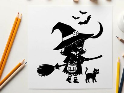 Halloween silhouette of a witch with cat and bats