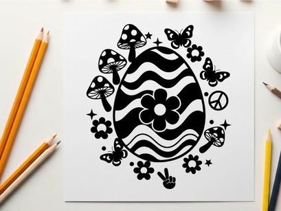 Black and white silhouette of mushrooms flowers and butterflies