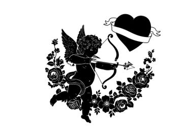 Cupid silhouette with heart and roses on white background preview picture