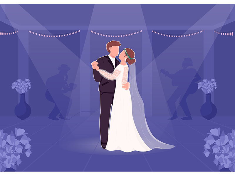 First bride and groom dance flat color vector illustration