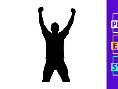 A person celebrating with arms raised in triumph and fists clenched in victory