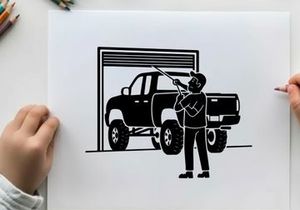 Silhouette of a man standing next to a large pickup truck in a garage