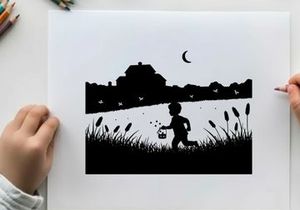 Silhouette of a child running under a crescent moon at dusk