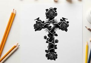 Silhouette of a cross with roses and birds silhouette