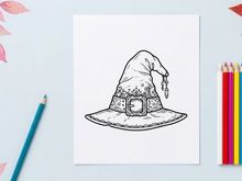 Witch hat with pentagram symbol isolated on white. Classic Halloween sorcery accessory for magic rituals and fantasy costumes.