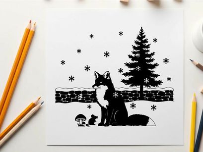 A fox and a mouse in a snowy silhouette landscape with pine tree