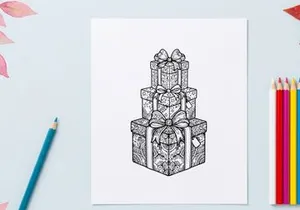 Christmas gift box stack with decorative bows, hand drawn line art illustration.