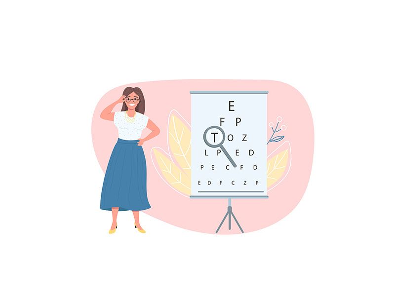 Optician female patient flat color vector faceless character