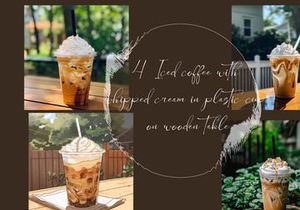 Iced coffee with whipped cream in plastic cup on wooden table