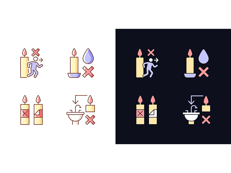 Being safe around candle light and dark theme RGB color manual label icons set