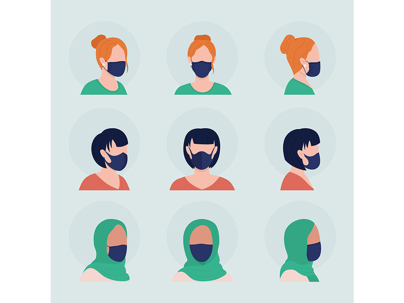 Women with black masks flat color vector character avatar set