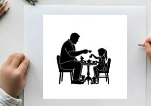 Silhouette of a man and child playing chess together at a small table